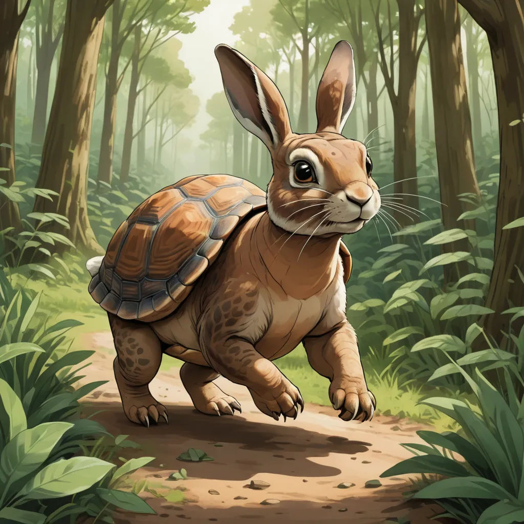 a rabbit is running through the forest on a path with a turtle on it's back legs and head, altermodern, a digital painting, Chris LaBrooy, official art
