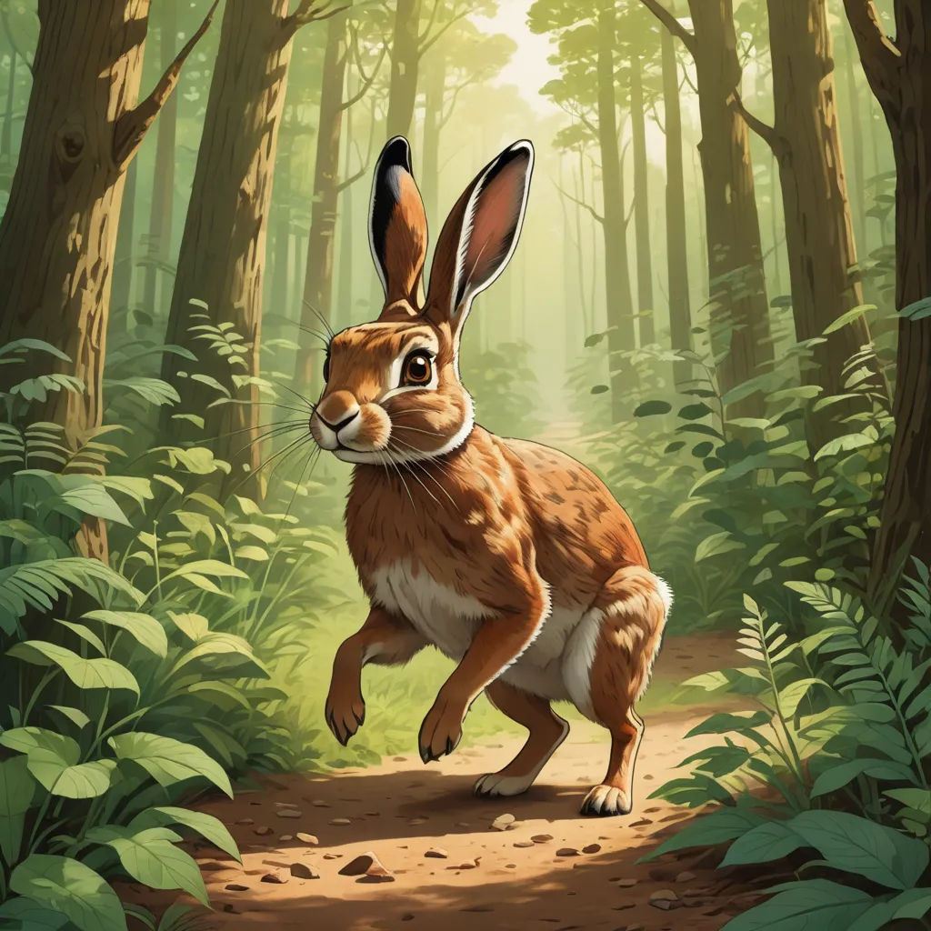 a rabbit running through a forest with lots of trees and plants on the ground and a trail in the middle, altermodern, a storybook illustration, Chris LaBrooy, walton ford