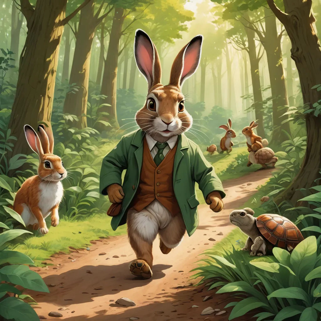 a rabbit in a suit and tie running through a forest with other rabbits in the background and a man in a suit and tie, furry art, a storybook illustration, Chris LaBrooy, official art