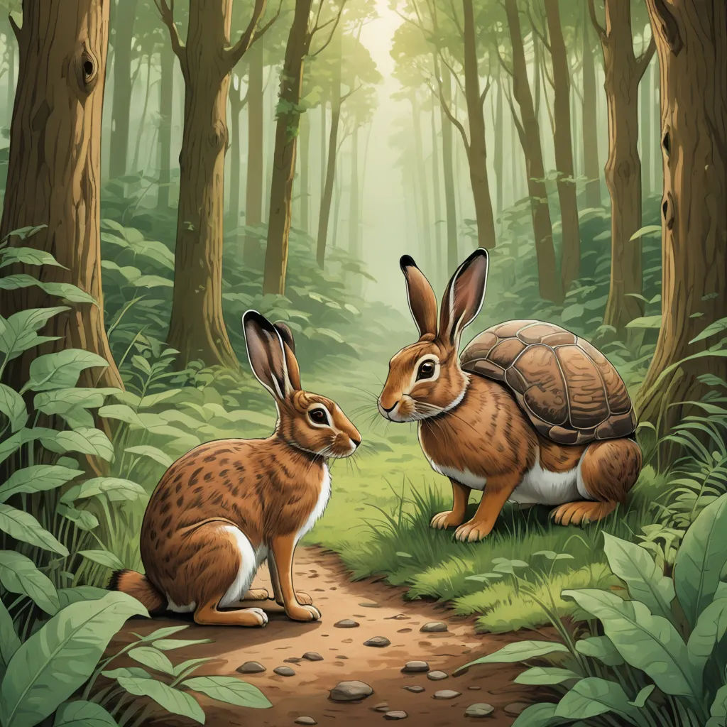 a couple of rabbits sitting on top of a forest floor next to a forest path with trees and bushes, magic realism, a storybook illustration, Chris LaBrooy, storybook illustration