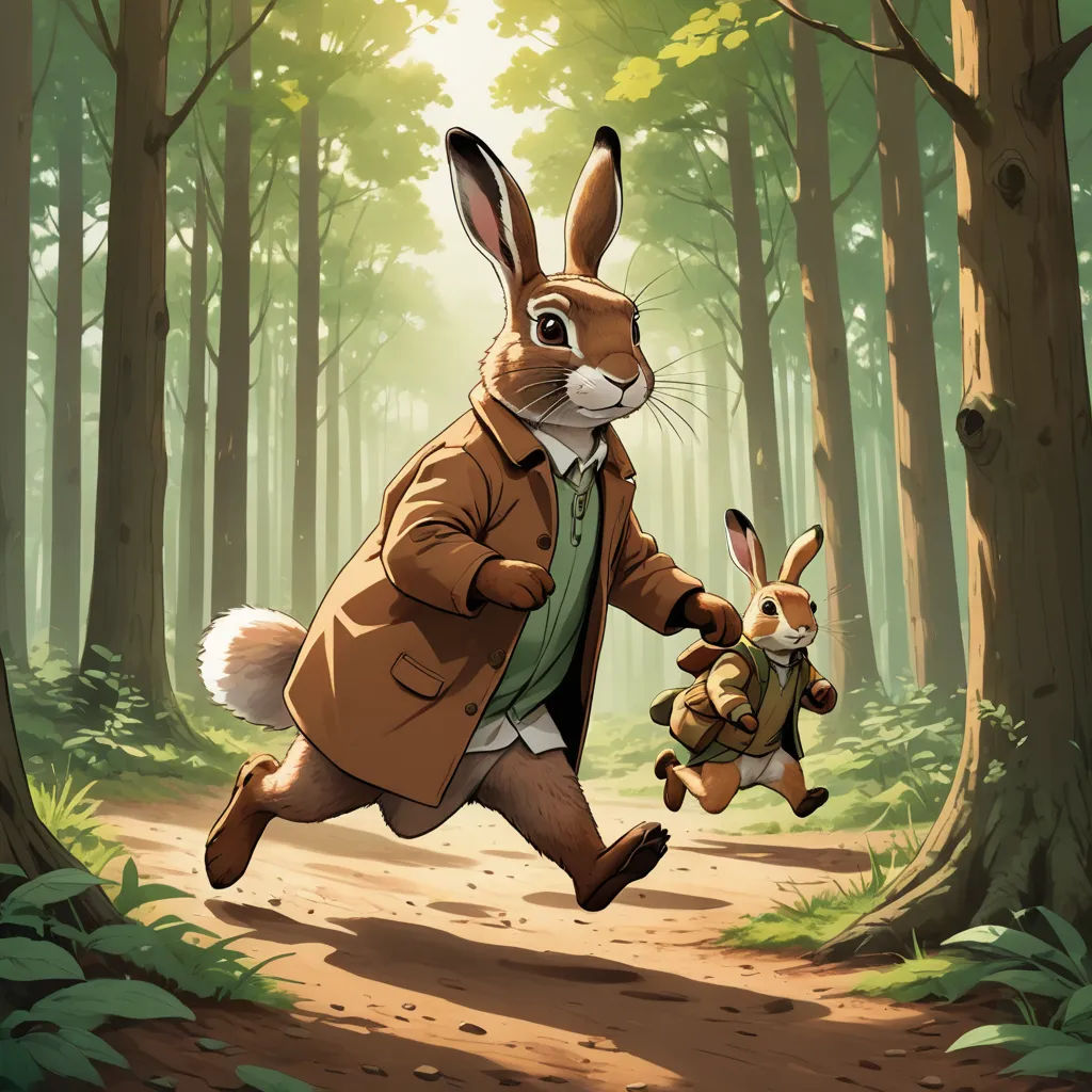 a rabbit running through a forest with a stuffed animal in its hand and a man in a suit running behind him, furry art, a storybook illustration, Beatrix Potter, official art