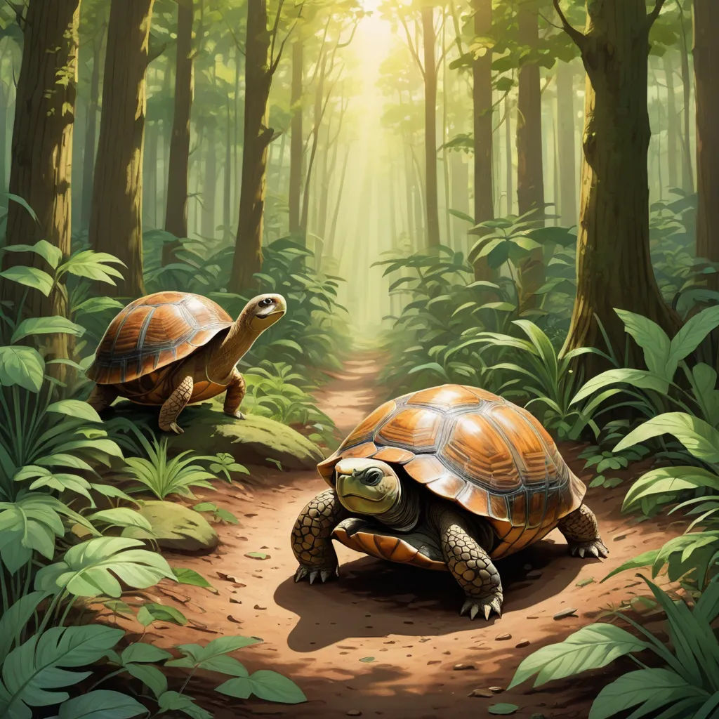 two turtles walking through a forest with sunlight shining through the trees and leaves on the ground, with a path leading to them, fantasy art, an illustration of, Brothers Hildebrandt, official art