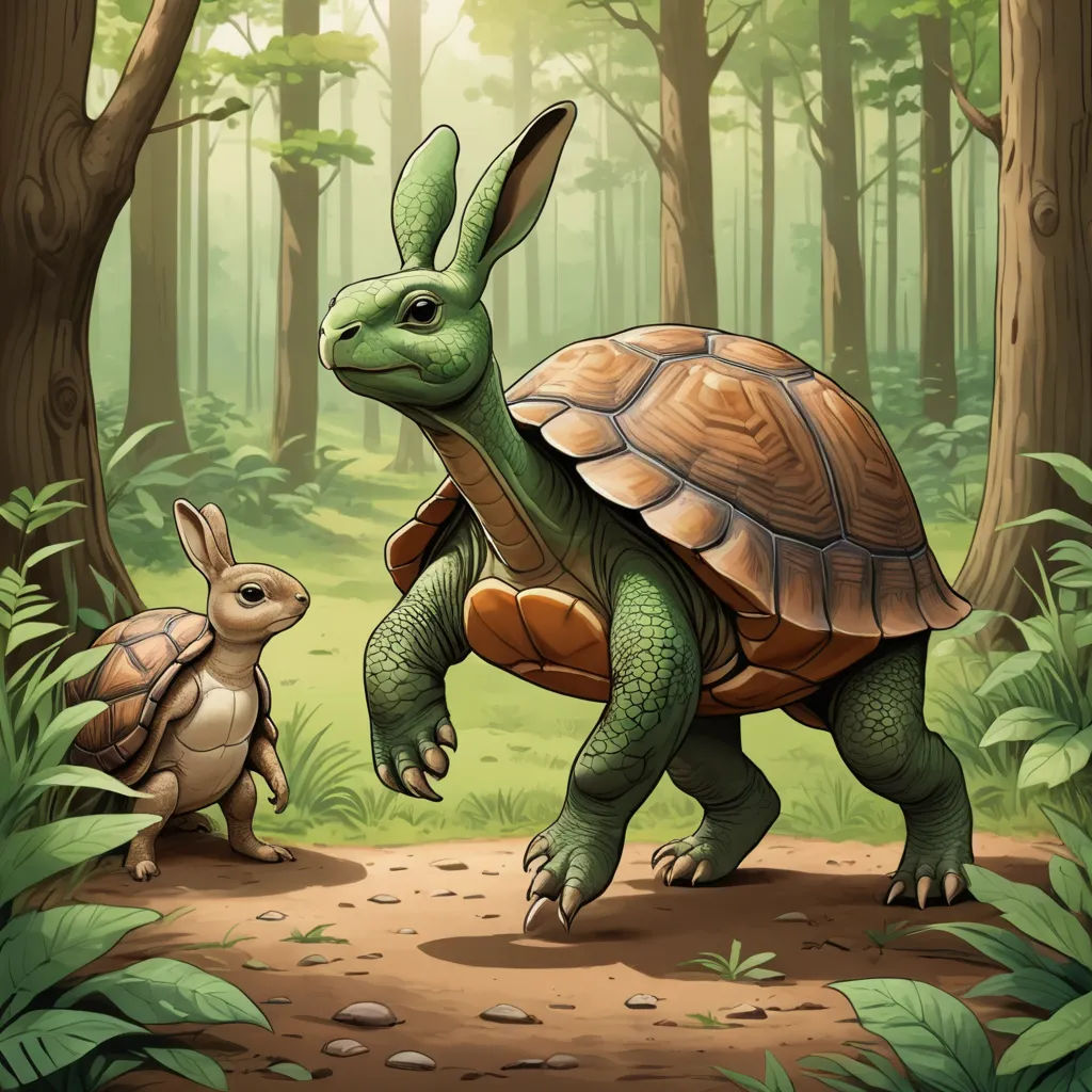 a turtle and a rabbit are walking through the woods together, with trees in the background and a forest floor, fantasy art, a storybook illustration, Chris LaBrooy, storybook illustration
