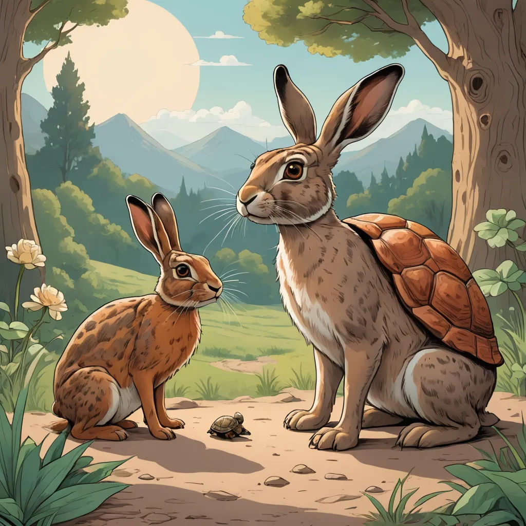 a rabbit and a tortoise sitting in the woods together, with a full moon in the background, naturalism, a storybook illustration, Chris LaBrooy, storybook illustration