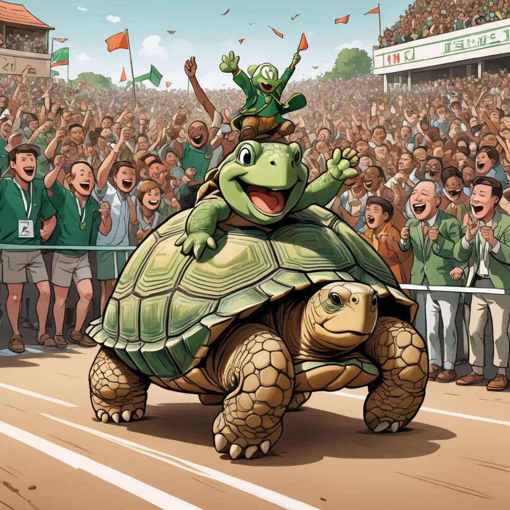 a cartoon turtle with a man on top of it's head in front of a crowd of people, sōsaku hanga, a storybook illustration, Akira Toriyama, official art