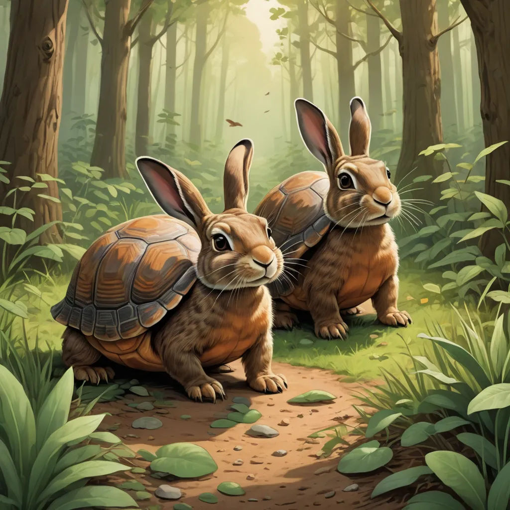 two rabbits are sitting on a path in the woods together, with their ears up and ears down, and their backs turned to the camera, fantasy art, a digital painting, Dan Mumford, official art