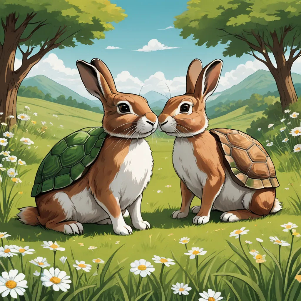 a couple of rabbits sitting next to each other on a field of flowers and trees with a turtle on its back, naive art, a storybook illustration, Beatrix Potter, furaffinity