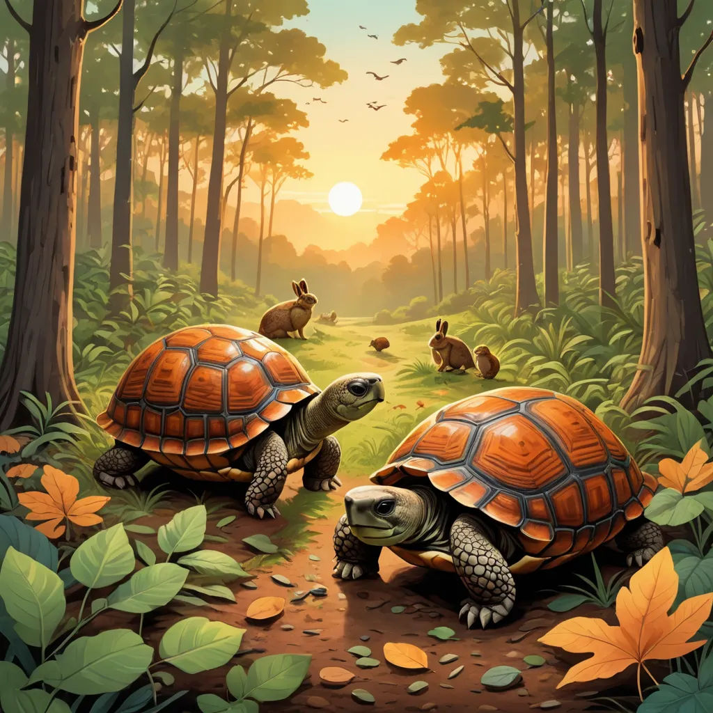 two turtles are walking through a forest with leaves and flowers on the ground, and a rabbit is running behind them, fantasy art, a storybook illustration, Dan Mumford, golden ratio illustration