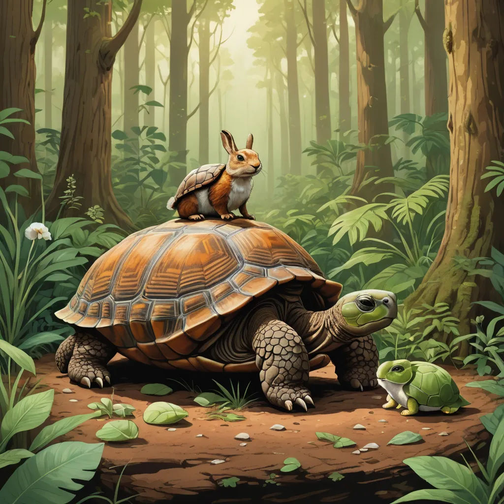a painting of a turtle and a squirrel on top of a turtle in a forest with trees and grass, fantasy art, a storybook illustration, Chris LaBrooy, highly detailed digital painting