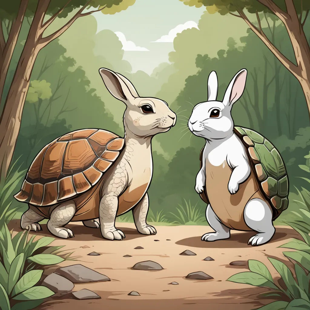 a rabbit and a turtle are standing in the woods together, facing each other, with trees and rocks in the background, furry art, a storybook illustration, Beatrix Potter, furaffinity
