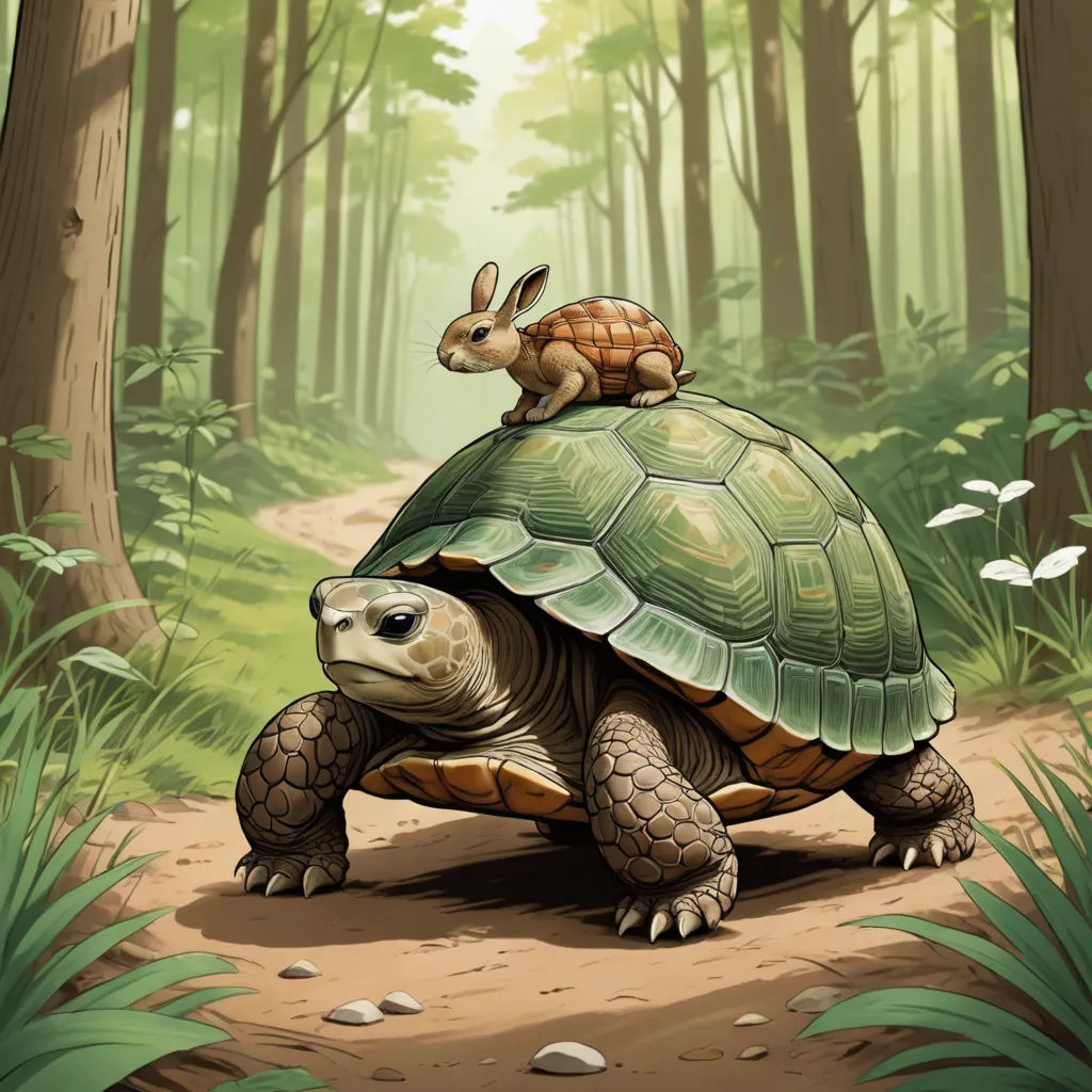 a rabbit sitting on top of a turtle in the forest with a rabbit on its back on its back, fantasy art, a storybook illustration, Chris LaBrooy, storybook illustration