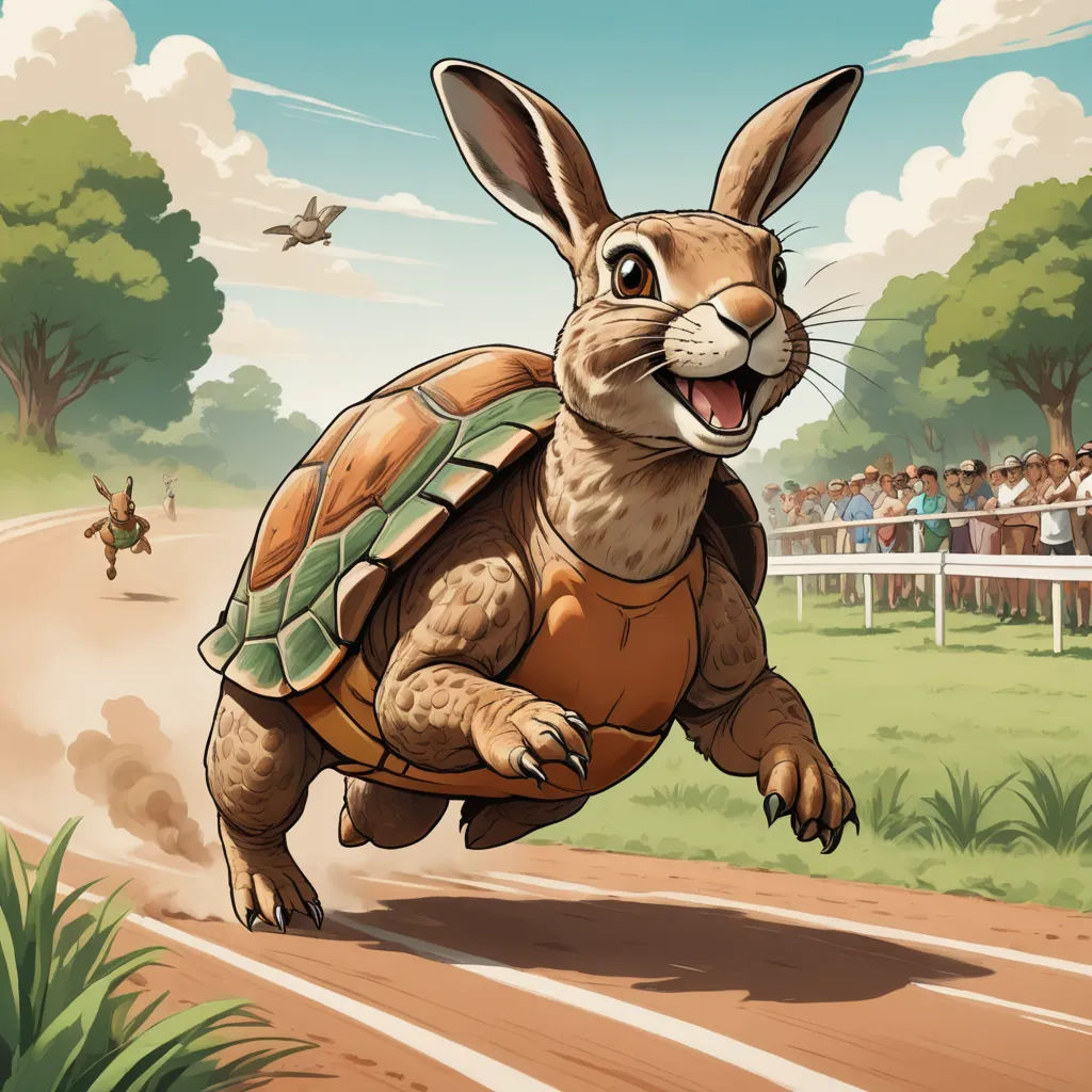 a cartoon of a rabbit running on a race track with a crowd watching from the stands behind him and a man in a suit running behind him, furry art, a storybook illustration, Chris LaBrooy, furaffinity