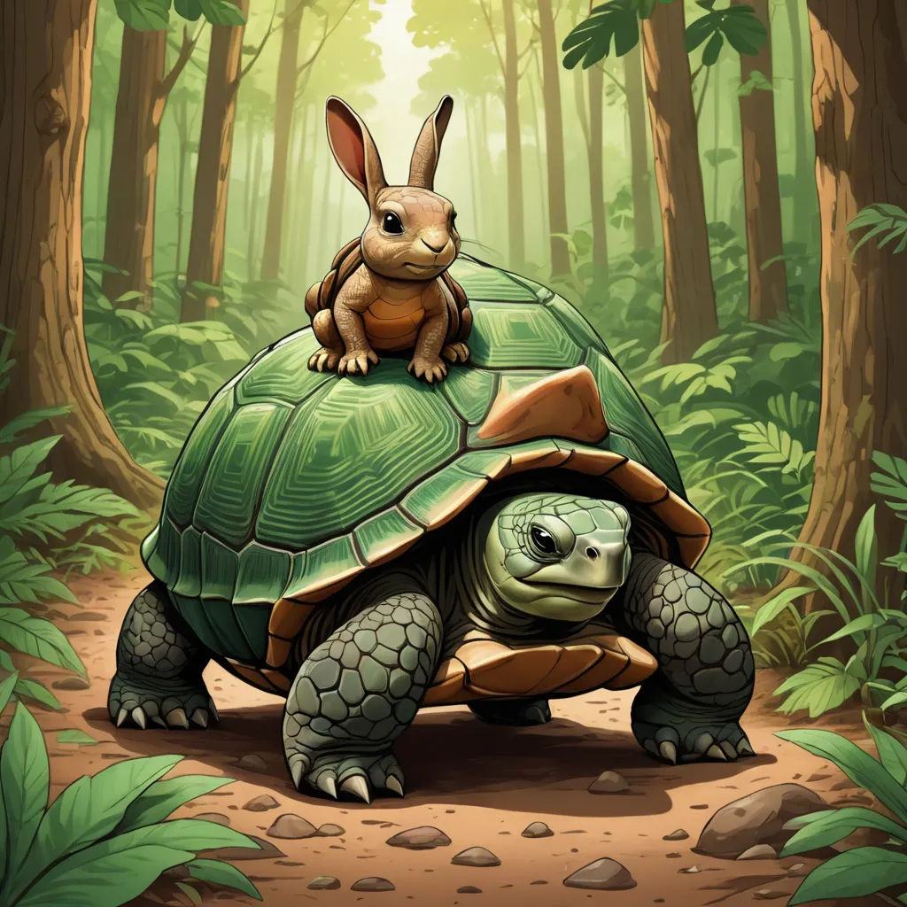 a rabbit sitting on top of a turtle in the forest with a forest background and trees behind it,, sots art, a storybook illustration, Chris LaBrooy, golden ratio illustration
