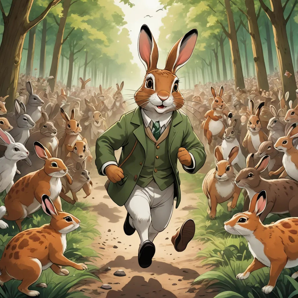 a rabbit in a suit running through a forest with other rabbits in the background and a man in a suit, furry art, a storybook illustration, Chris LaBrooy, furaffinity