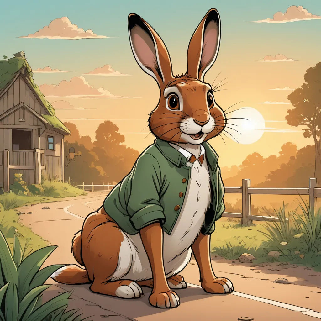 a rabbit sitting on a road in front of a house with a sunset in the background and a house with a fence, furry art, a character portrait, Beatrix Potter, official art
