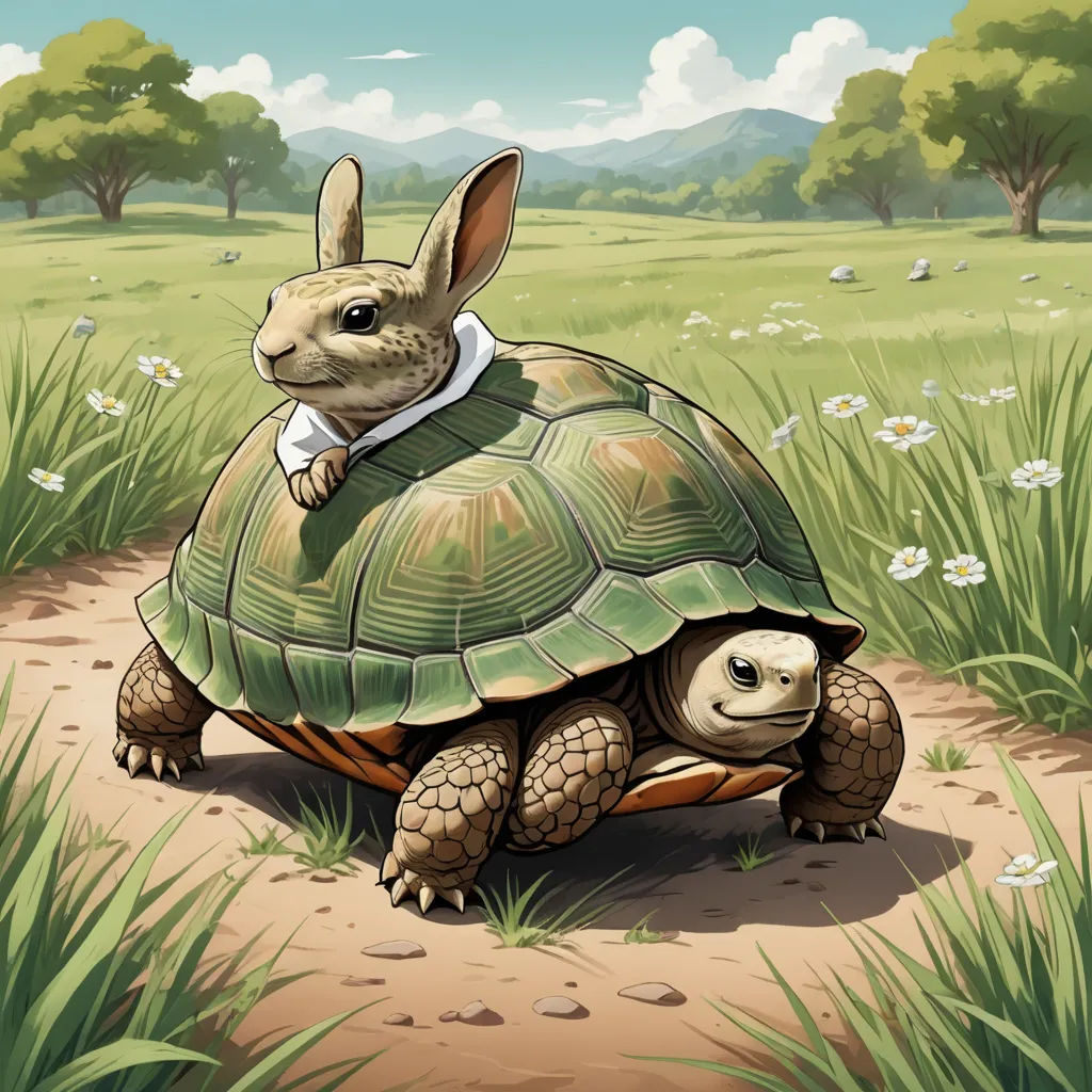 a rabbit is sitting on top of a turtle in a field of grass and flowers, with a rabbit on its back, fantastic realism, a storybook illustration, Chris LaBrooy, walton ford