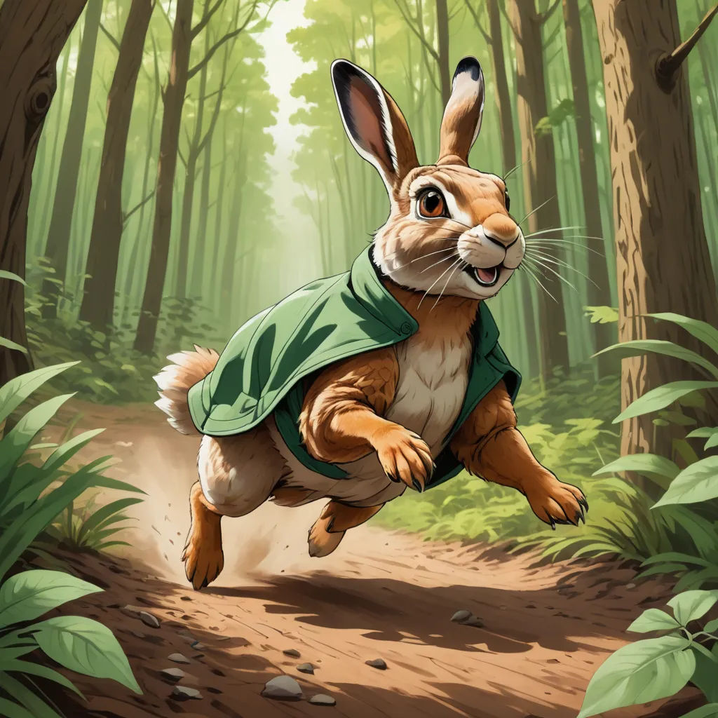 a rabbit running through a forest in a green shirt and vest with a green collar on it's back, altermodern, a storybook illustration, Chris LaBrooy, magic the gathering artwork