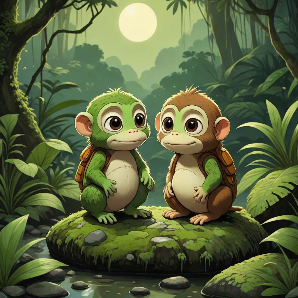 two monkeys sitting on a rock in the middle of a forest with a stream running through it and a full moon in the background, sots art, a digital painting, Chris LaBrooy, game art