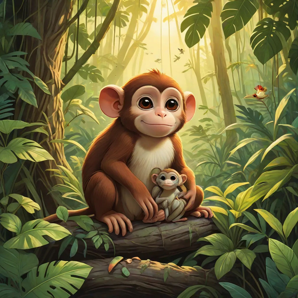 a monkey and a baby monkey sitting on a log in the jungle with sunlight streaming through the trees and leaves, sots art, a storybook illustration, Chris LaBrooy, official art