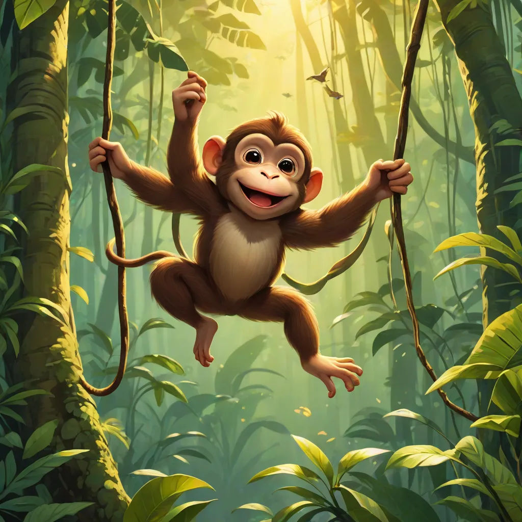 a monkey hanging on a tree in a jungle with a light shining through the trees behind it and a bird flying above, sots art, a digital painting, Chris LaBrooy, jungle
