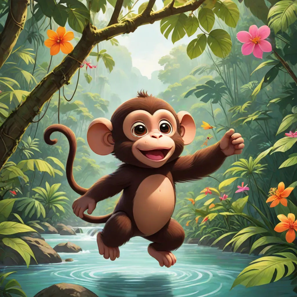a monkey hanging from a tree in a jungle with flowers and a stream in the background with a butterfly, sots art, a character portrait, Chris LaBrooy, promotional image