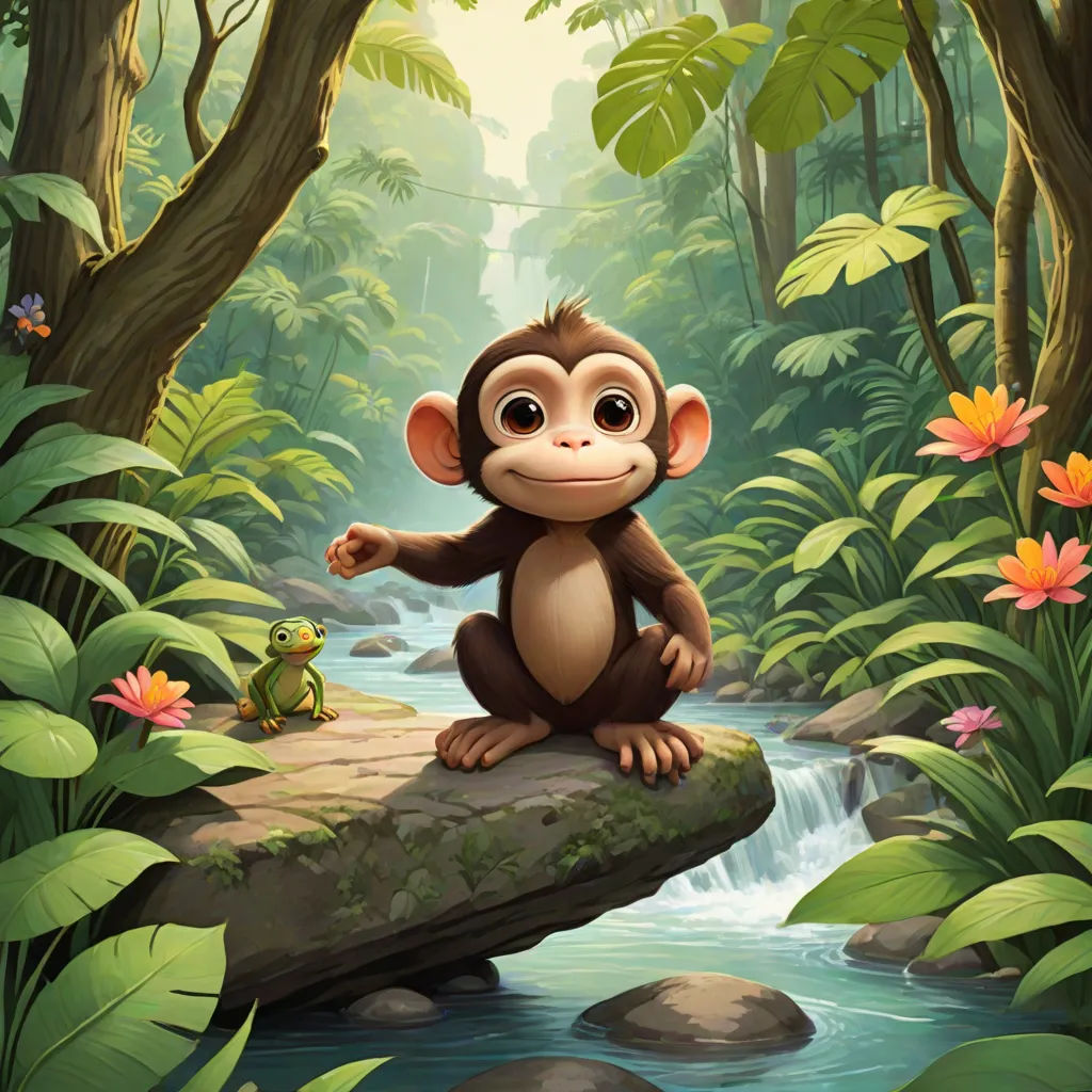 a monkey sitting on a rock in the middle of a jungle with a frog on the rock in front of it, sots art, a storybook illustration, Chris LaBrooy, promotional image
