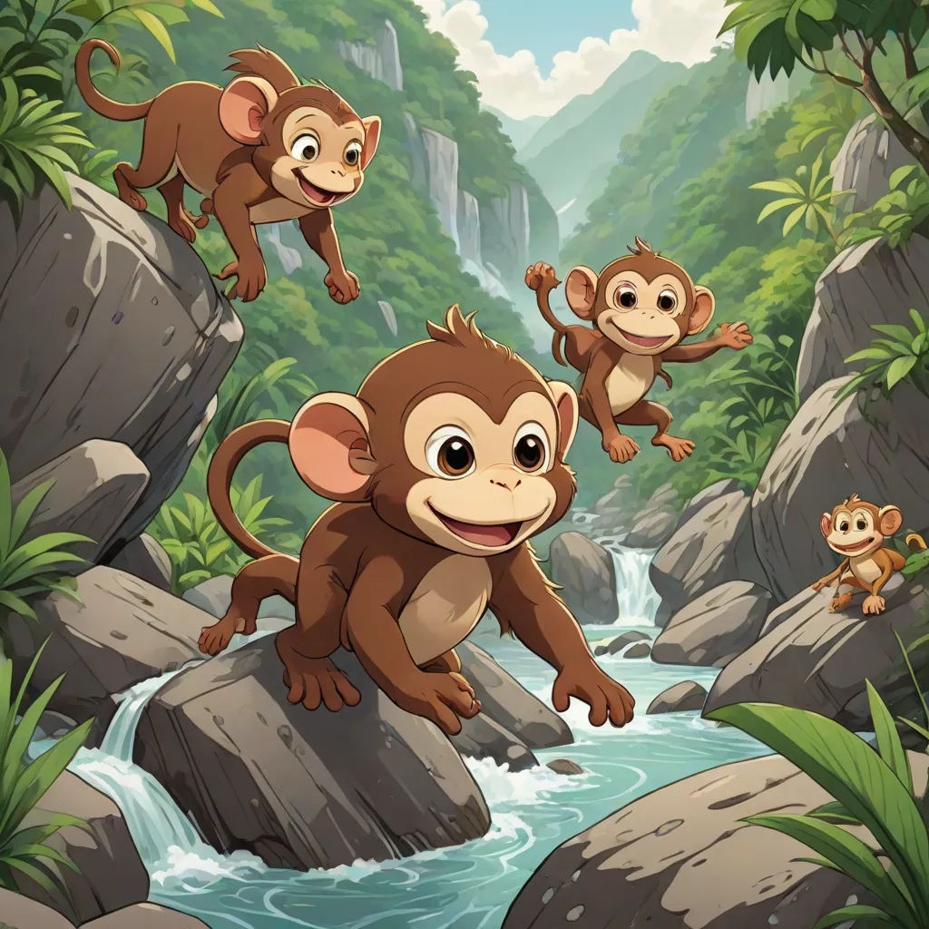 a group of monkeys hanging out in the jungle by a river with a waterfall and rocks in the background, sots art, a storybook illustration, Diego Gisbert Llorens, promotional image