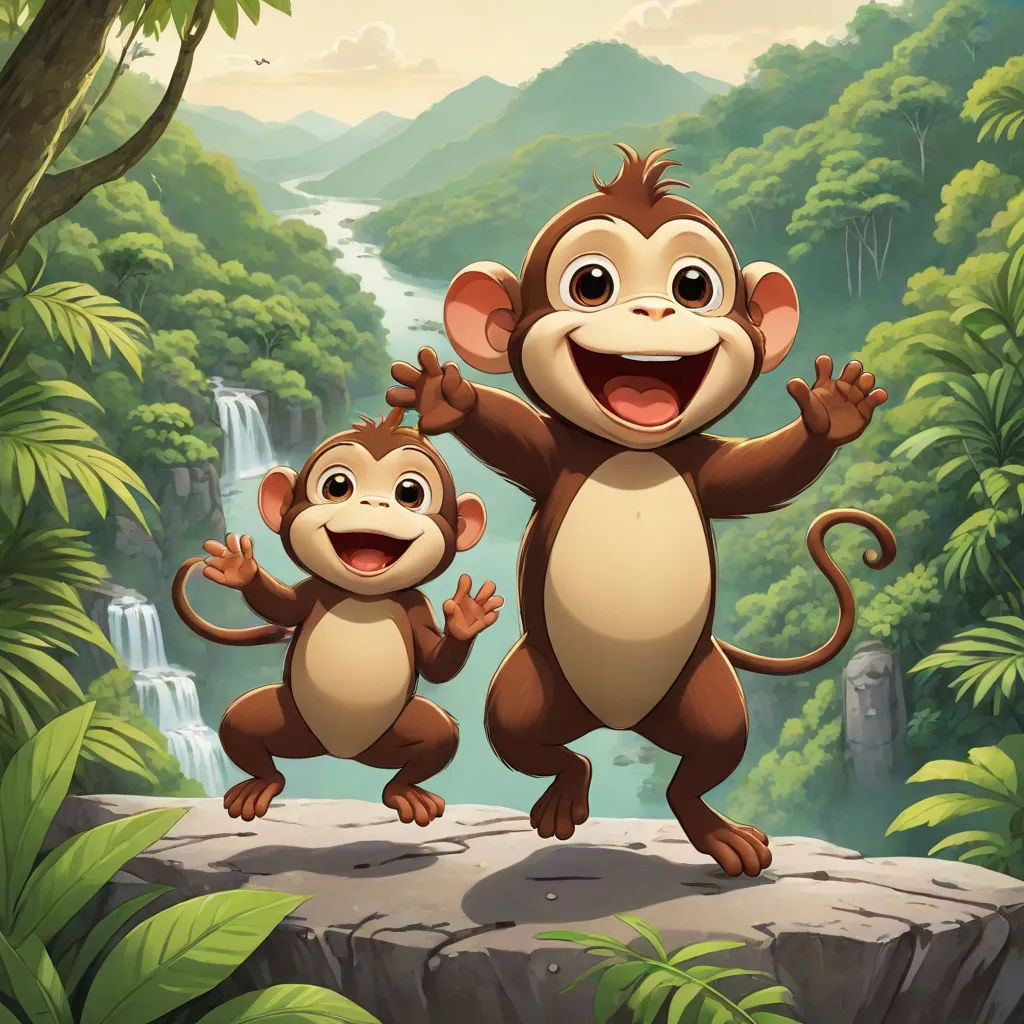 a monkey and a monkey standing on a cliff in the jungle with a waterfall in the background and a waterfall in the background, sots art, concept art, Chris LaBrooy, official art
