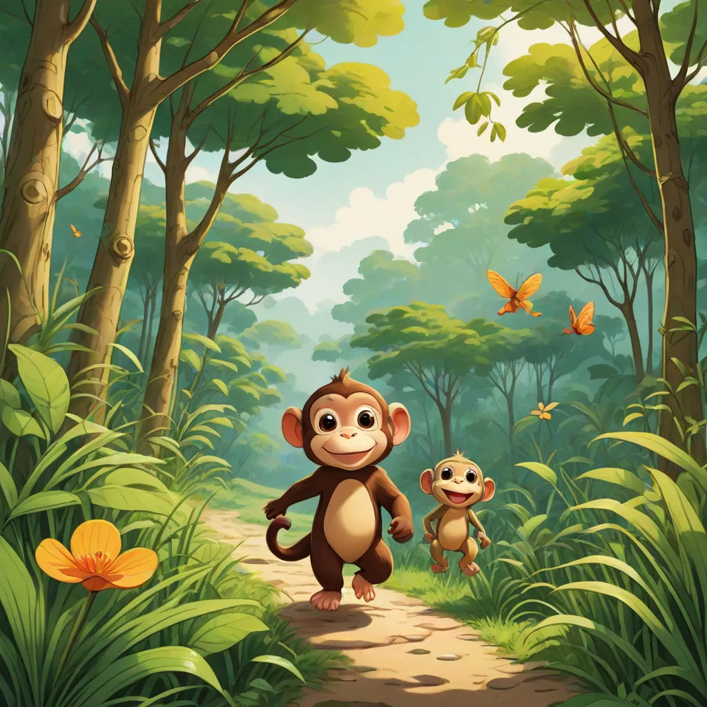 a monkey and a monkey cub are walking through the jungle together, with butterflies flying overhead and a butterfly flying overhead, sots art, a storybook illustration, Chris LaBrooy, jungle