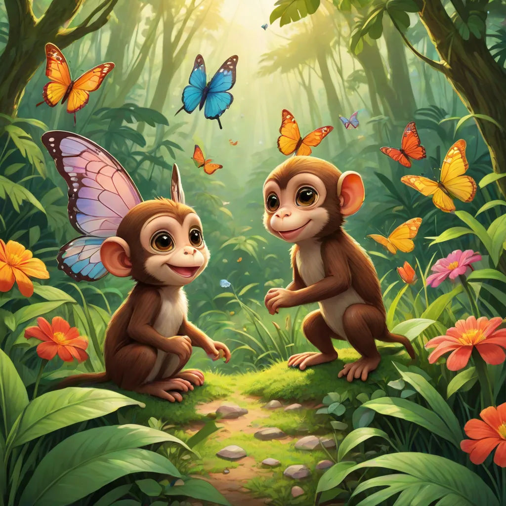 two monkeys in the jungle with butterflies flying above them and a path leading to them with a butterfly on the top, fantasy art, a storybook illustration, Chris LaBrooy, promotional image