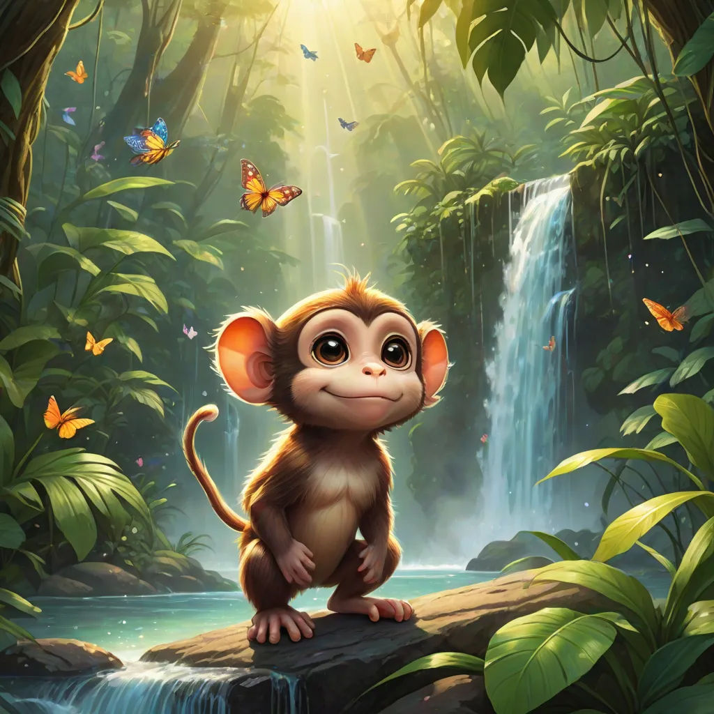 a monkey is standing on a rock in the jungle with a waterfall and butterflies flying around it and a butterfly is flying above, fantasy art, a digital painting, Chris LaBrooy, magic the gathering artwork