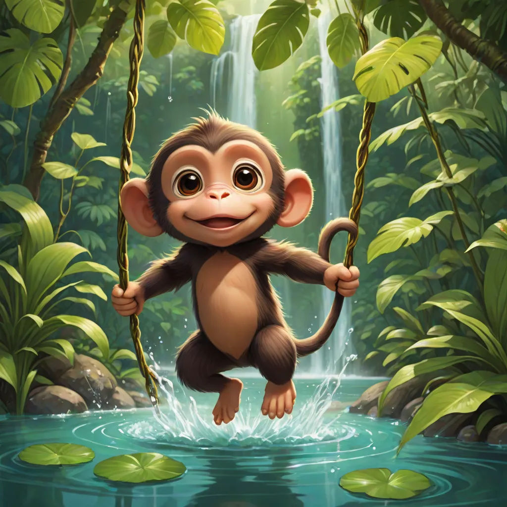 a monkey swinging on a rope in a jungle with a waterfall in the background and a green leafy area, sots art, a digital painting, Chris LaBrooy, jungle