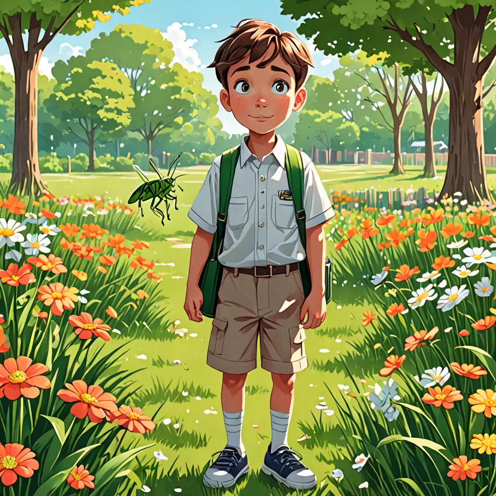 a boy standing in a field of flowers with a bug in his hand and a tree in the background, environmental art, a storybook illustration, Diego Gisbert Llorens, book cover