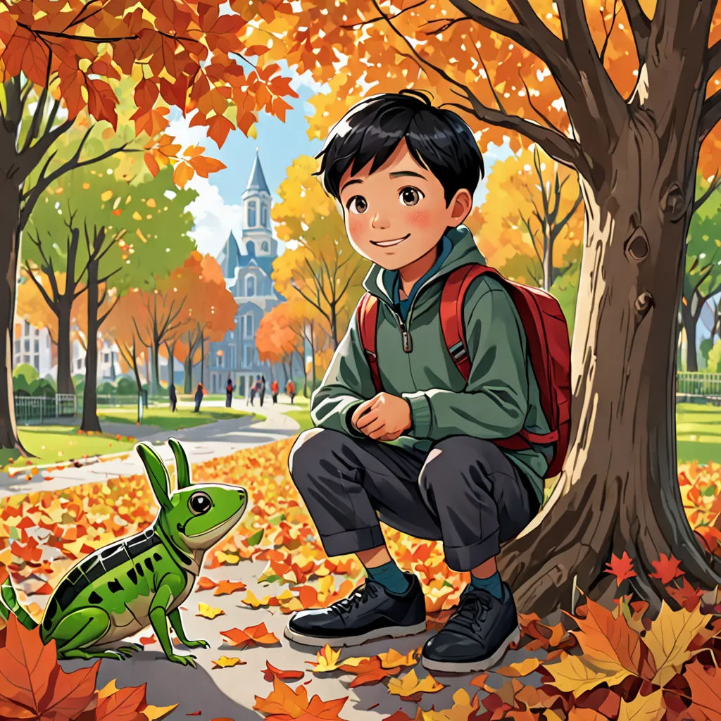 a boy sitting on a tree with a frog in the fall leaves in front of him and a building in the background, vancouver school, a storybook illustration, Adam Rex, official art