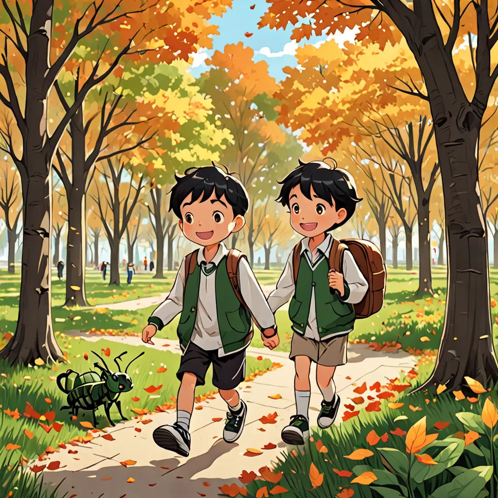 two children walking in a park with trees and leaves on the ground and a man walking behind them with a backpack, environmental art, a storybook illustration, Chen Hong, official art