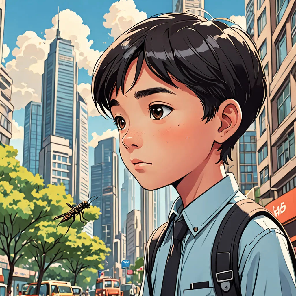 a boy in a blue shirt and a backpack standing in front of a cityscape with a bug on his shoulder, photorealism, a comic book panel, David Park, city background