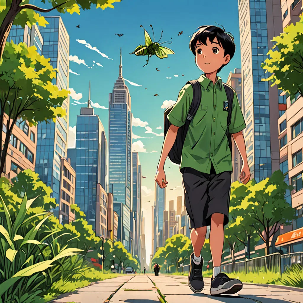 a boy walking down a street in a city with a butterfly flying overhead in the sky above him and a cityscape in the background, environmental art, poster art, Adam Manyoki, anime key visual