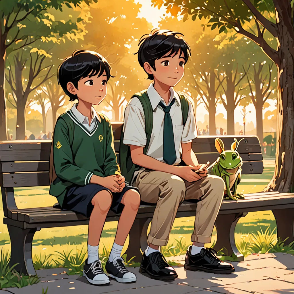 a boy and a girl sitting on a bench in a park with a frog on their lap and a frog on their lap, vancouver school, a storybook illustration, Aaron Jasinski, official art