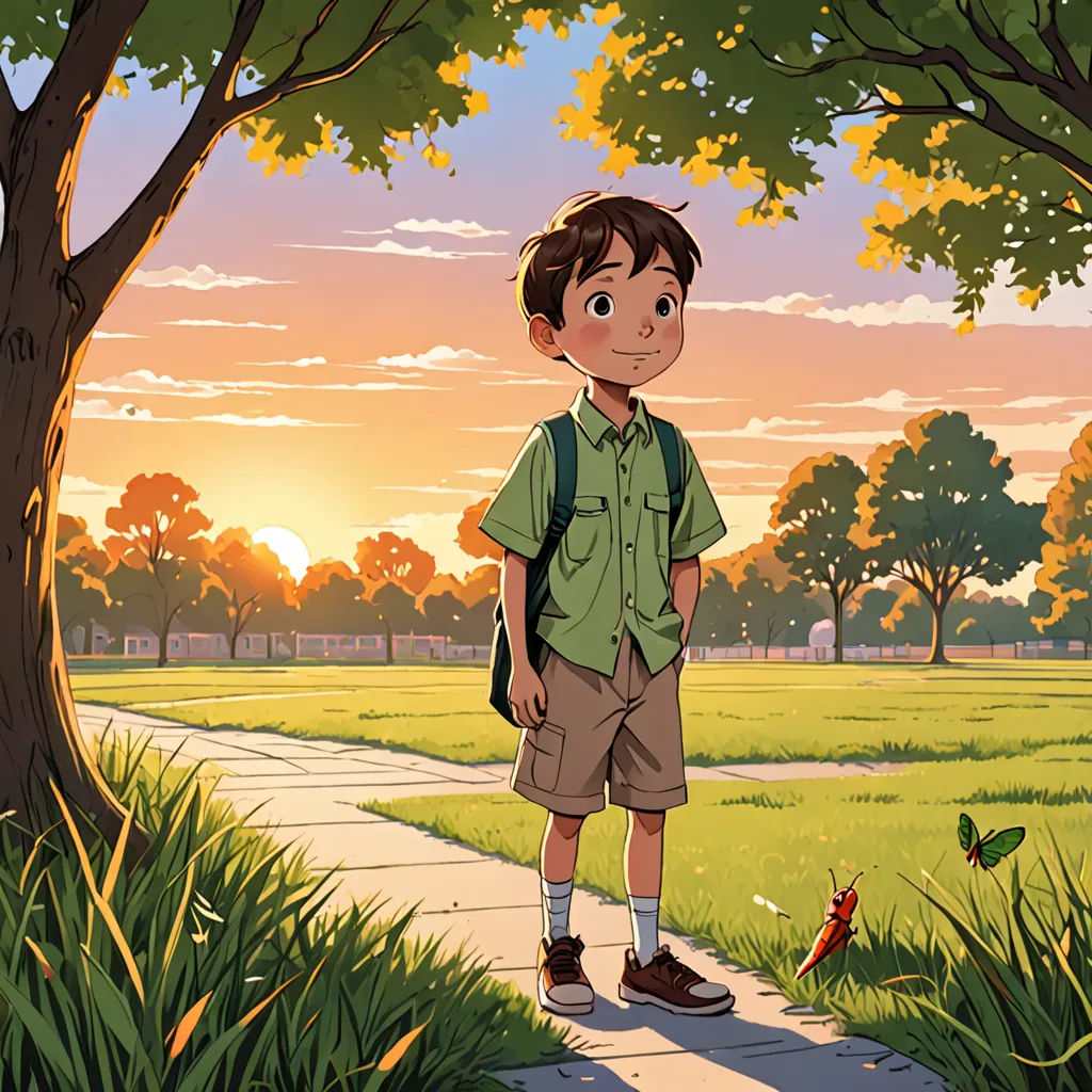 a boy standing on a sidewalk in a park with a tree and grass in the background and a red fire hydrant in the foreground, american scene painting, a storybook illustration, Aaron Jasinski, official art