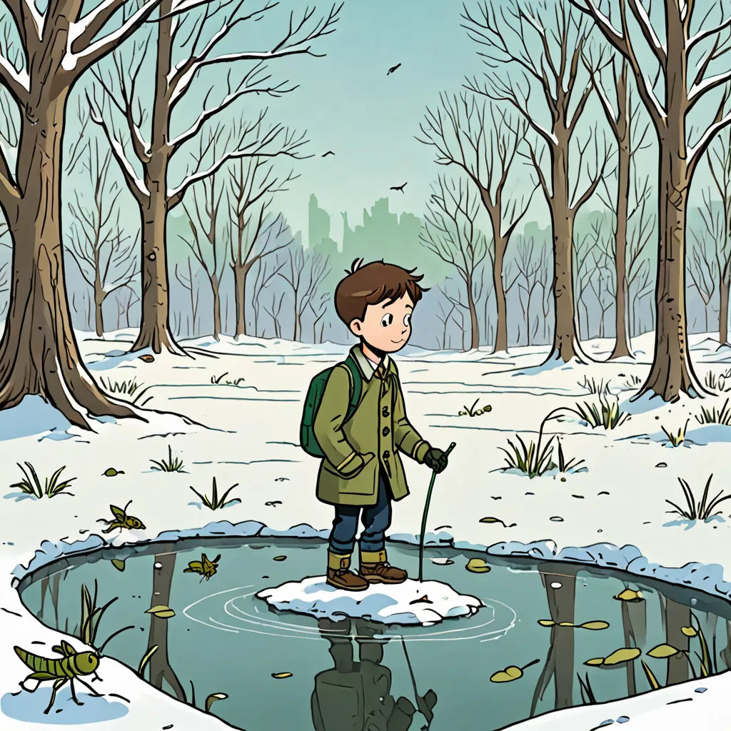 a boy standing on a puddle in the snow with a cane in his hand and a bird flying overhead, environmental art, a storybook illustration, Asaf Hanuka, graphic novel
