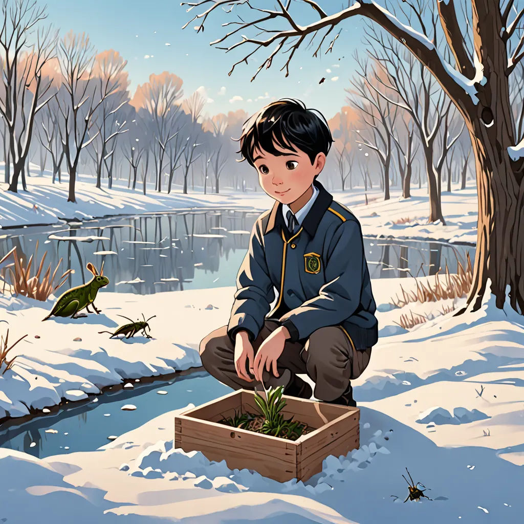 a boy kneeling down in the snow with a box of plants in front of him and a pond in the background, danube school, a storybook illustration, Aaron Jasinski, yukito kishiro