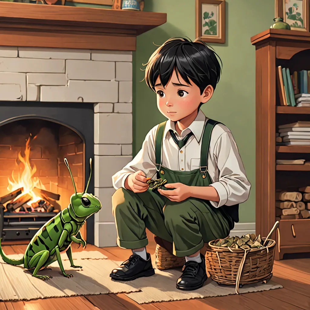 a boy sitting on the floor next to a fire place with a green insect on it's leg, magic realism, a storybook illustration, Aaron Jasinski, official art