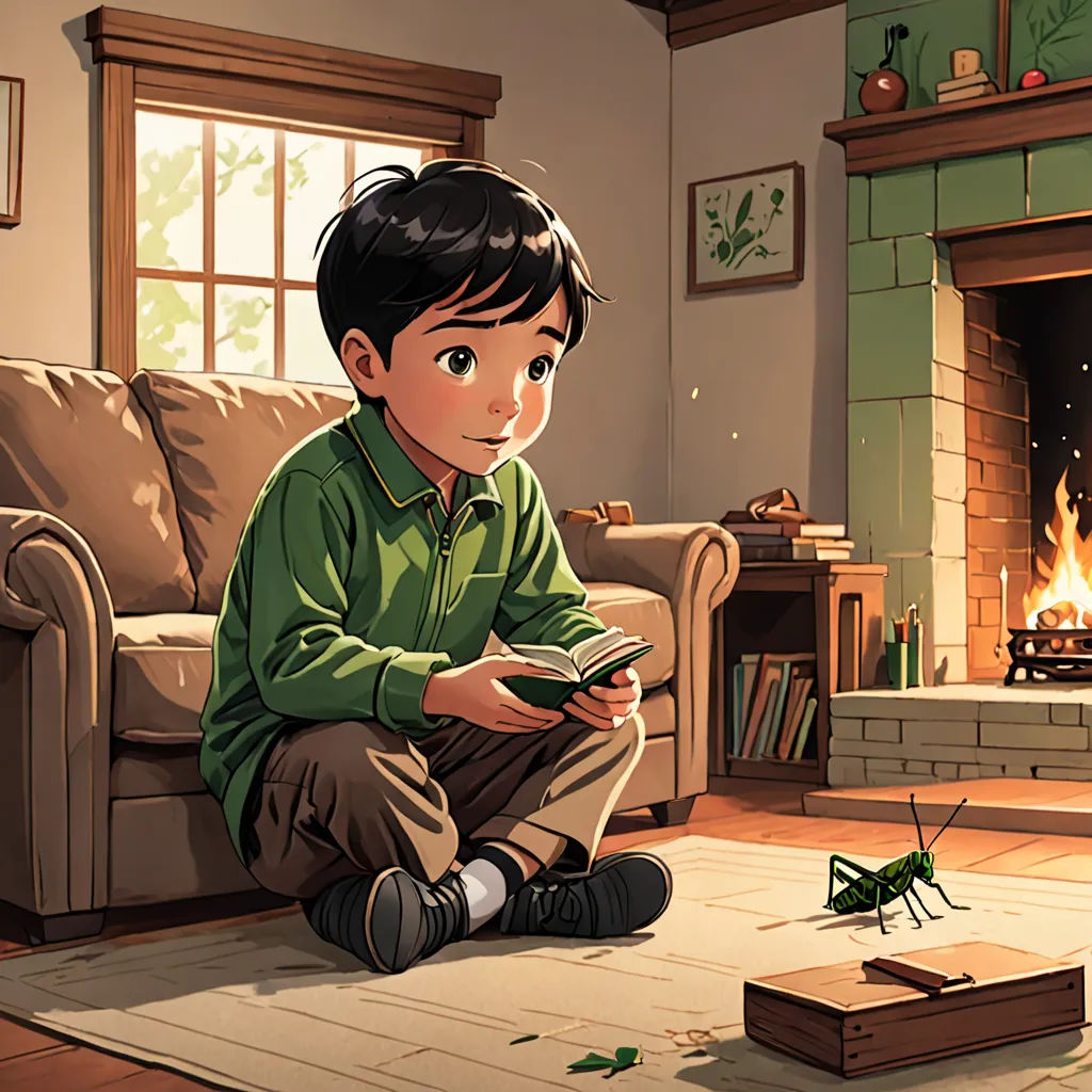a boy sitting on the floor in front of a fire place with a remote control in his hand and a bug crawling on the floor, context art, a storybook illustration, Diego Gisbert Llorens, storybook illustration