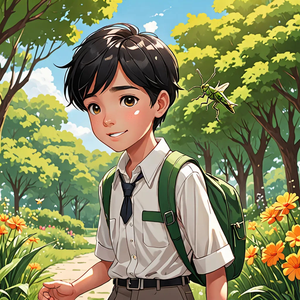 a boy in a school uniform is standing in a forest with flowers and a dragon on his shoulder and a backpack on his shoulder, environmental art, a character portrait, Adam Manyoki, official art