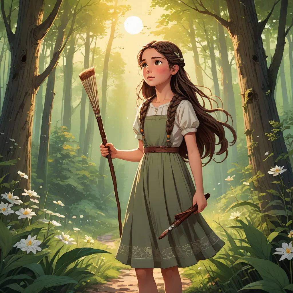 a girl in a green dress holding a broom in a forest with daisies and a sun in the background, fantasy art, a storybook illustration, Clarice Beckett, rossdraws global illumination
