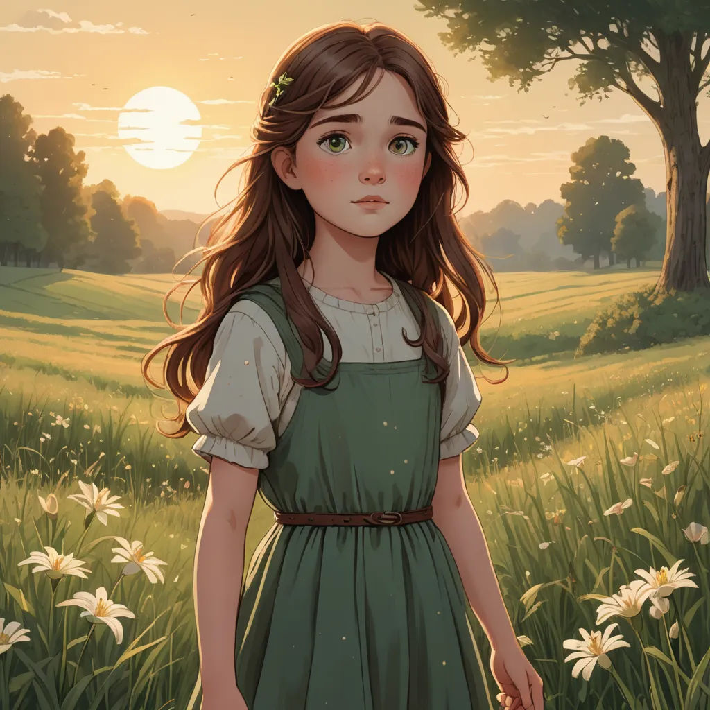 a painting of a girl in a green dress standing in a field of flowers with the sun in the background, fantasy art, a storybook illustration, Clarice Beckett, trending on art station