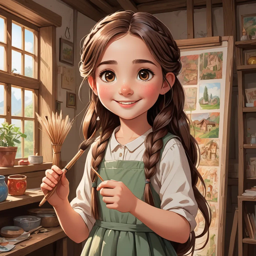 a girl with long hair holding a broom and smiling at the camera in a room with a window and shelves, arts and crafts movement, a storybook illustration, Alice Prin, trending on art station