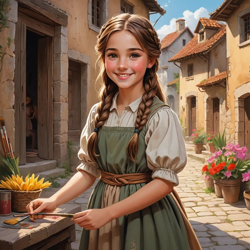 a painting of a girl in a dress holding a knife and a bowl of flowers in front of a house, fantasy art, a storybook illustration, Bob Byerley, trending on art station