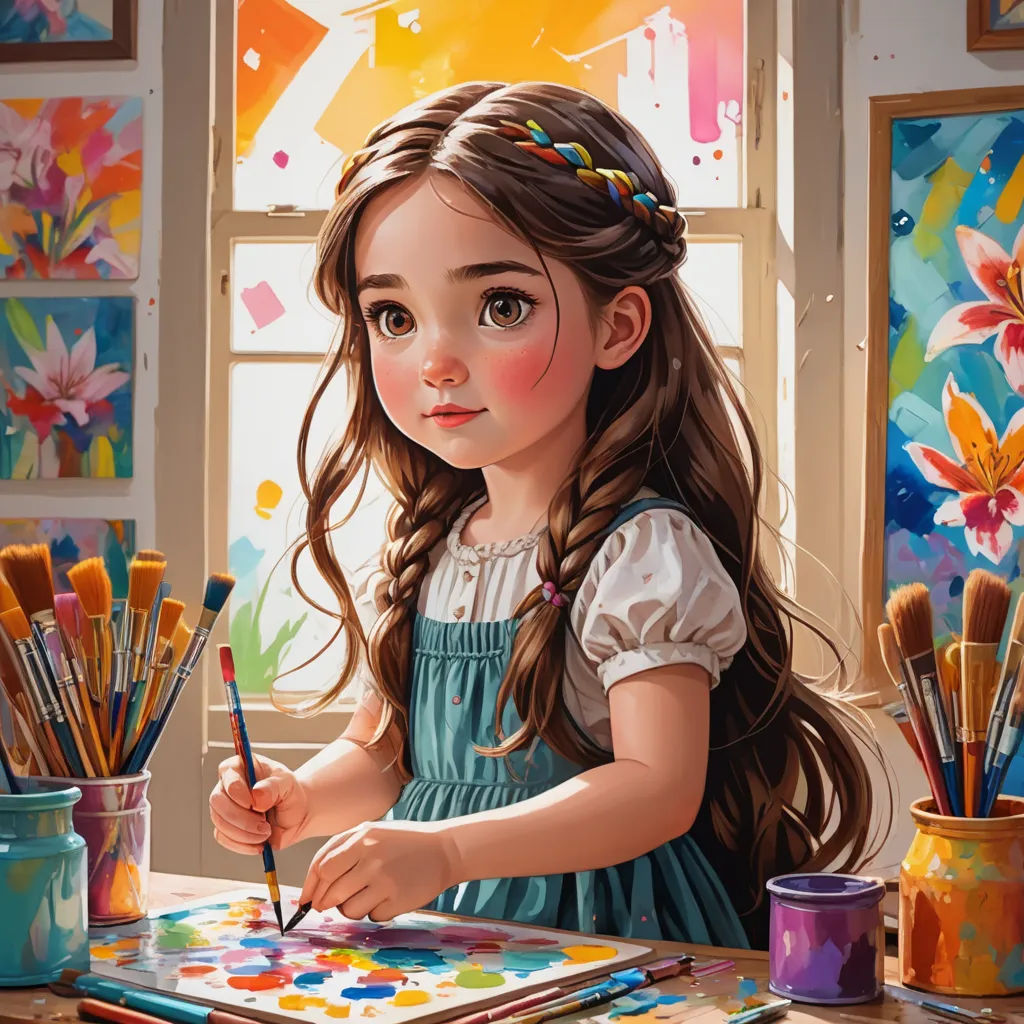 a painting of a girl with long hair sitting at a table with paintbrushes and a palette in front of her, fantasy art, a detailed painting, artist, trending on art station