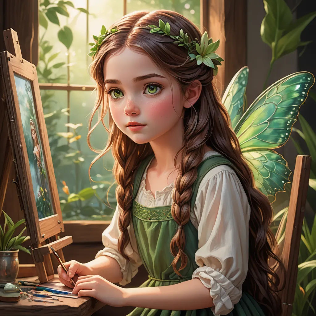 a painting of a girl with a butterfly on her head and a green dress and a green butterfly on her shoulder, fantasy art, a detailed painting, Artgerm, trending on art station